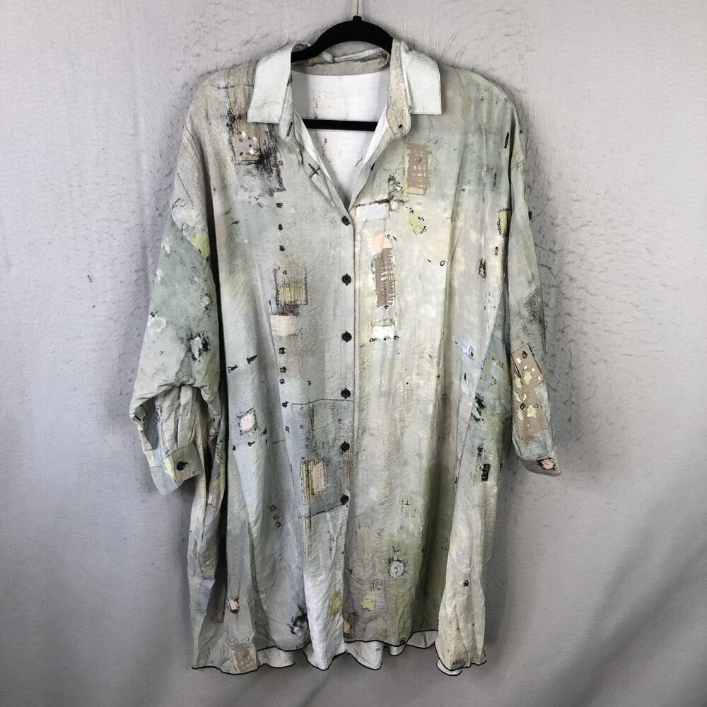 3potato Shirt Dress Womens L/XL Green Abstract Art Oversized Boho Button Front
